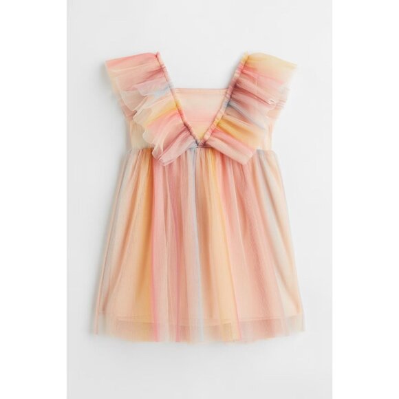 NWT Girls' H&M Pink Orange Rainbow Pleated Tulle V-Neck Babydoll Dress, Size 10 - Picture 10 of 11